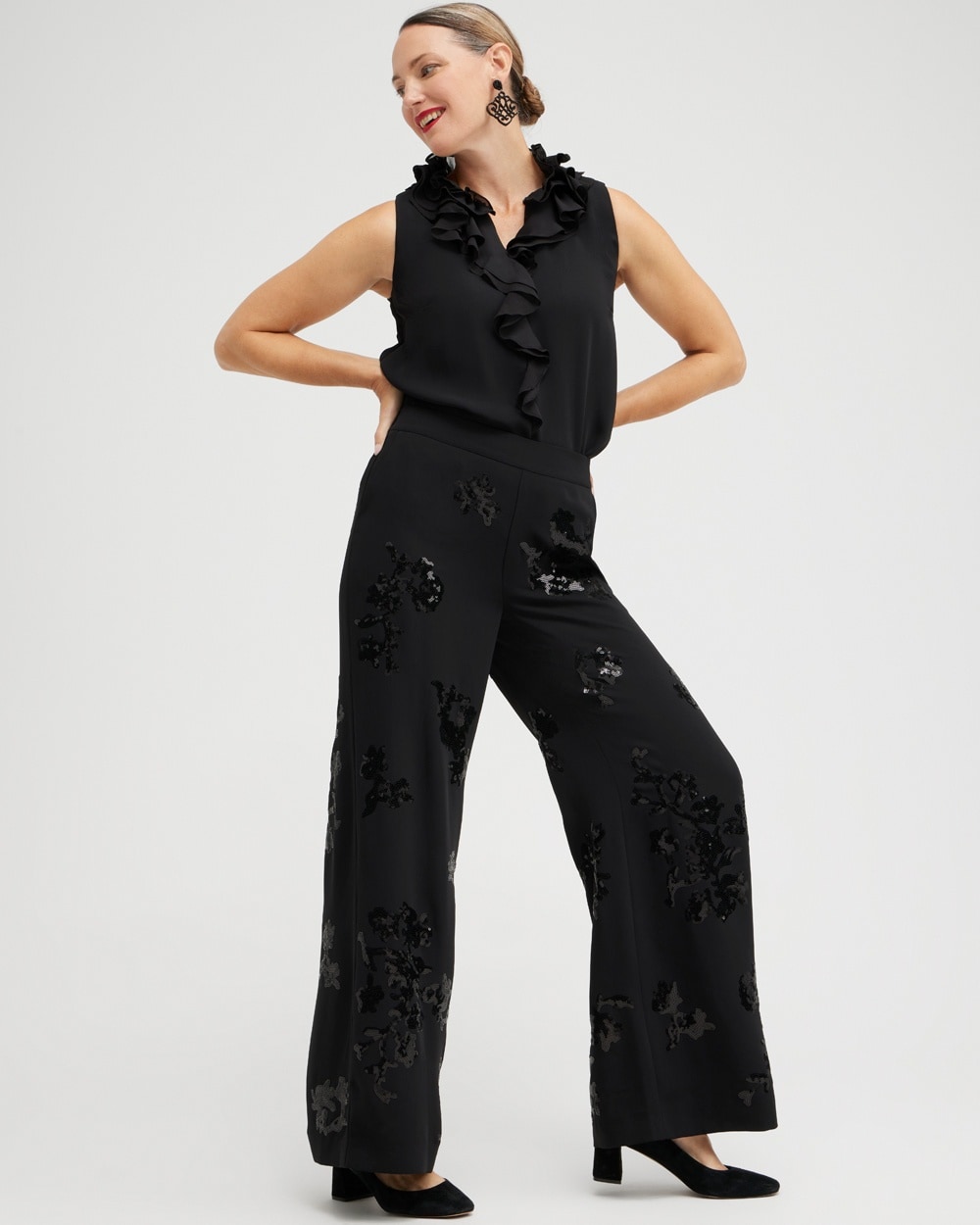 Chico's Pants | Floral Sequin Wide Leg Pants Black