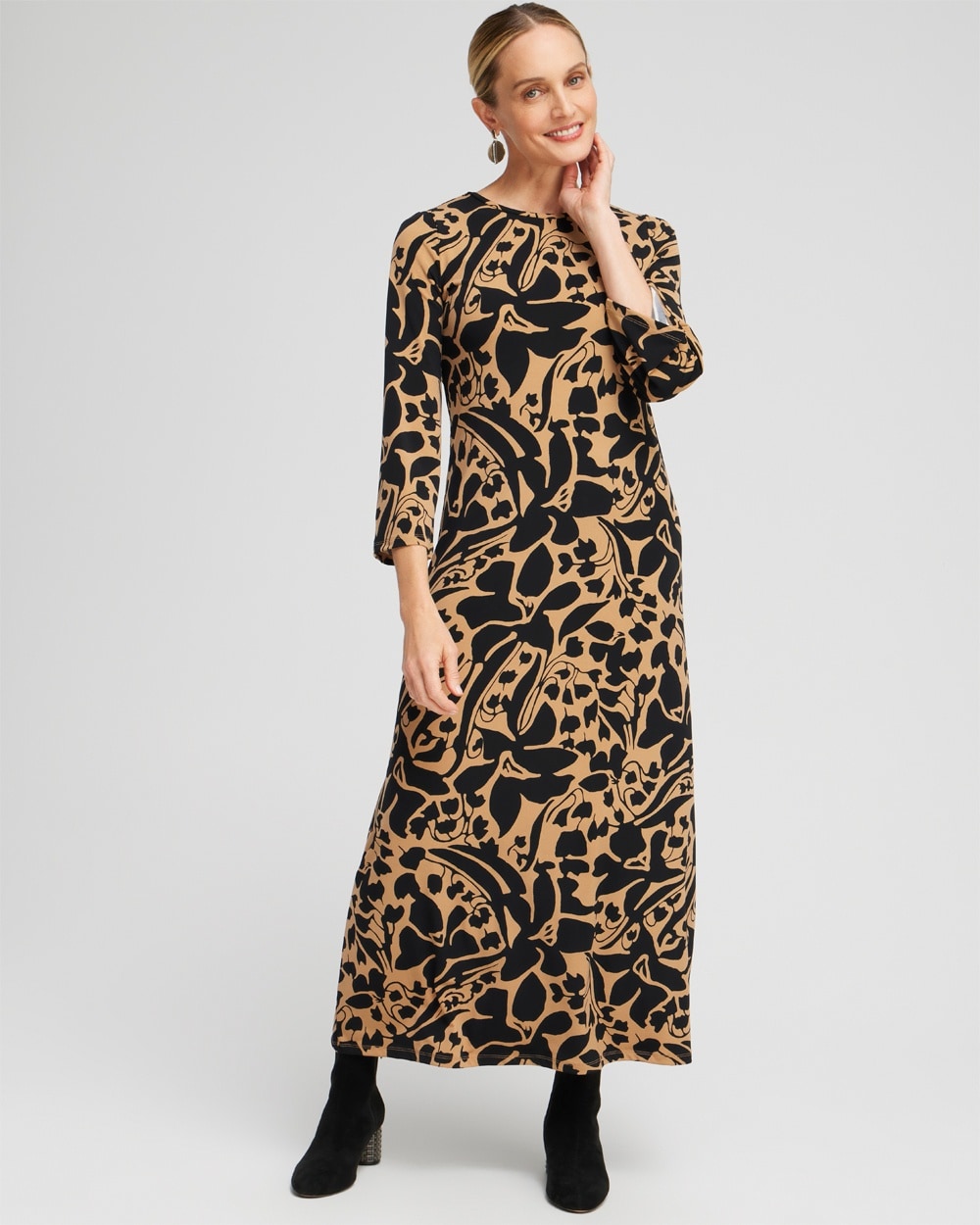 Chico's Dresses & Skirts | Abstract Flare Sleeve Maxi Dress Camel