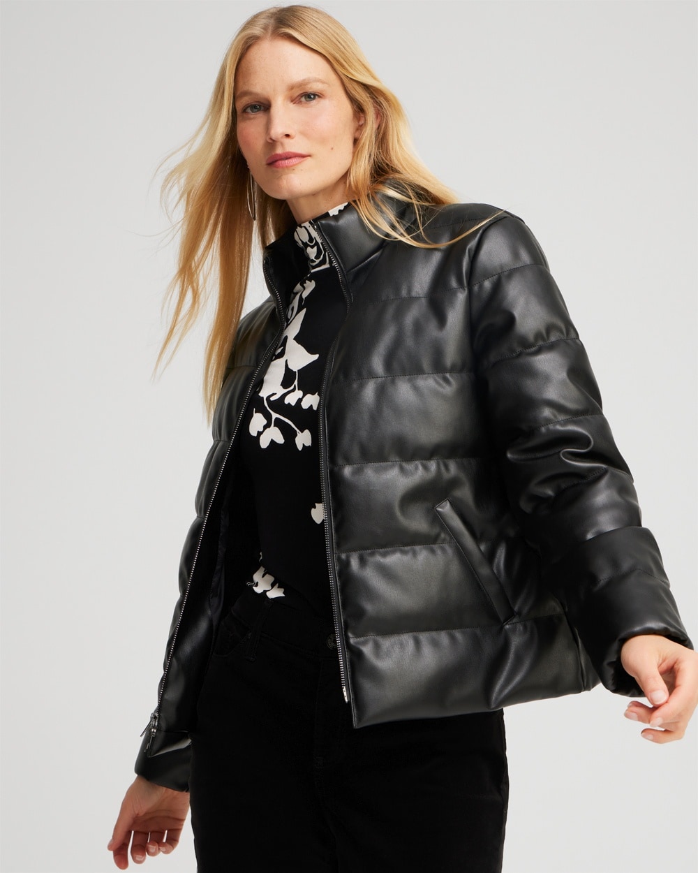 Chico's Jackets & Coats | Faux Leather Puffer Jacket Black