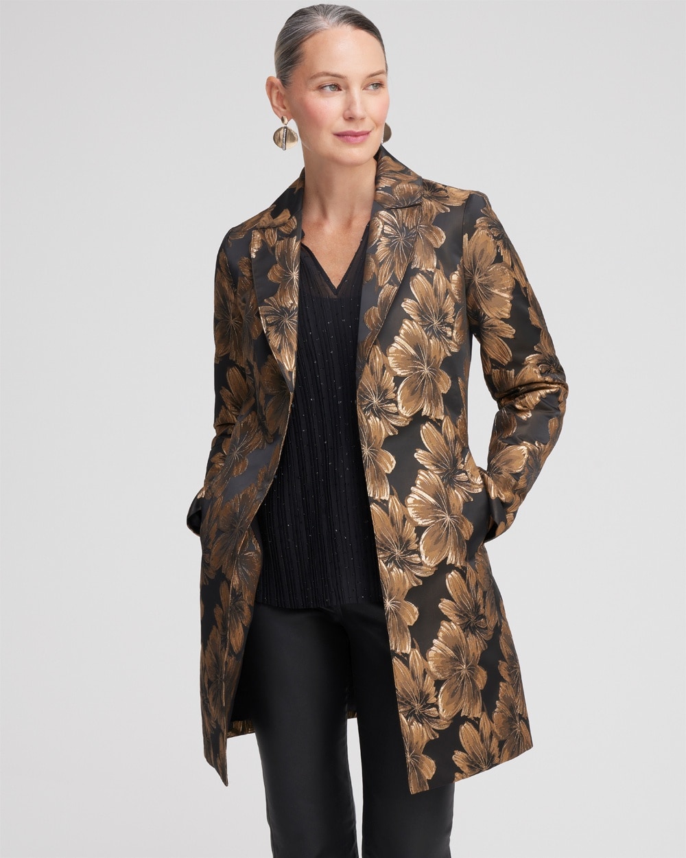 Chico's Jackets & Coats | Floral Jacquard Topper Black/Gold