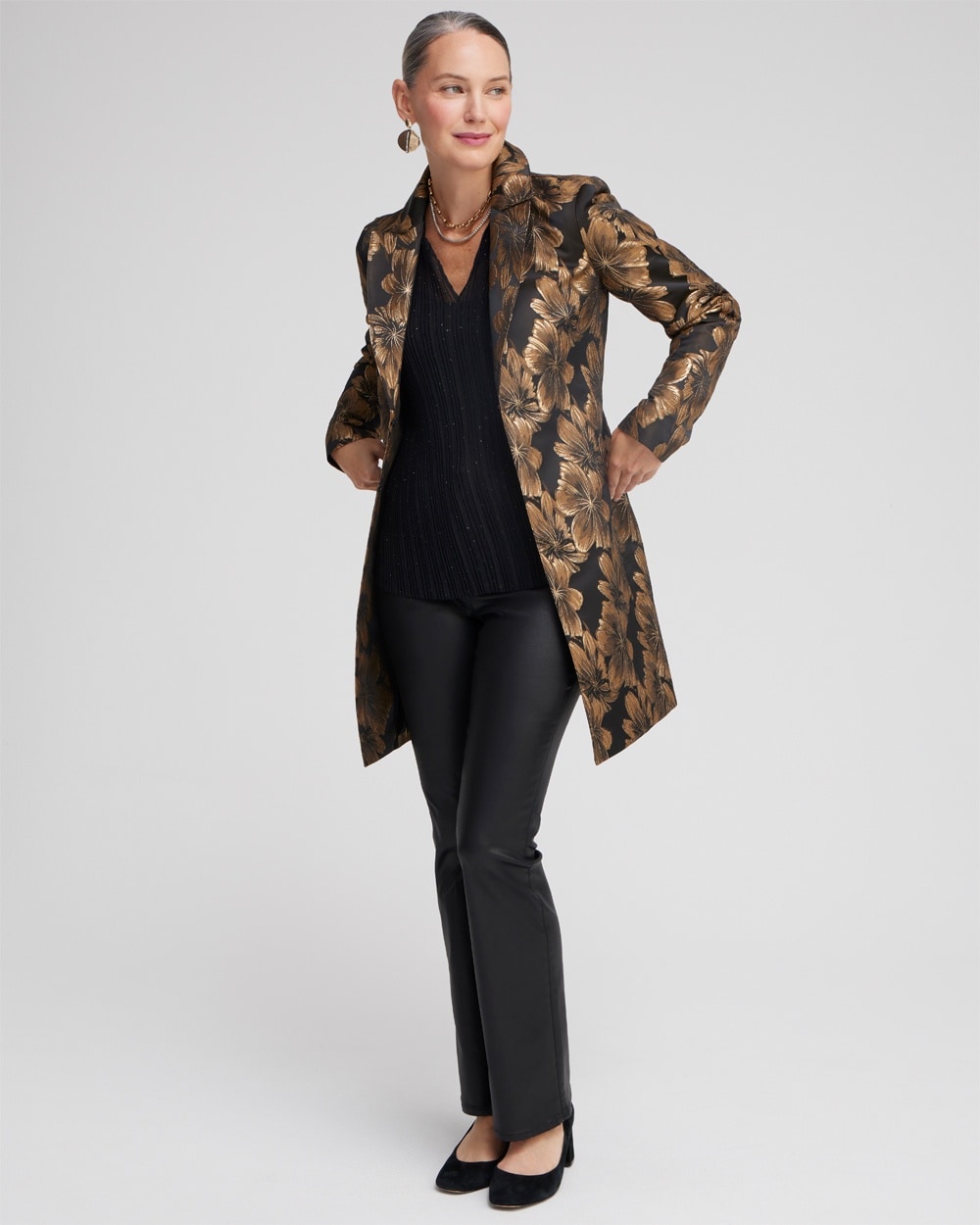 Chico's Jackets & Coats | Floral Jacquard Topper Black/Gold