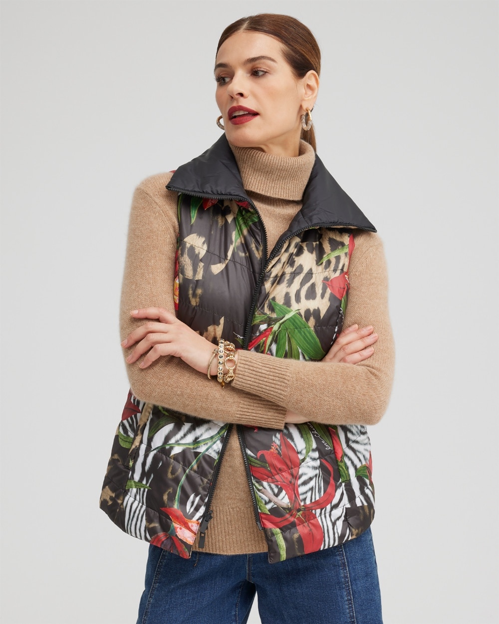 Chico's Jackets & Coats | Animal Print Puffer Vest Black/Red