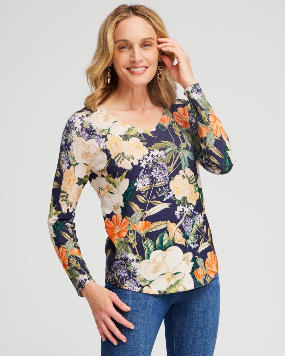 Chico's Sweaters | Spun Rayon Floral V-neck Pullover Sweater Dewberry