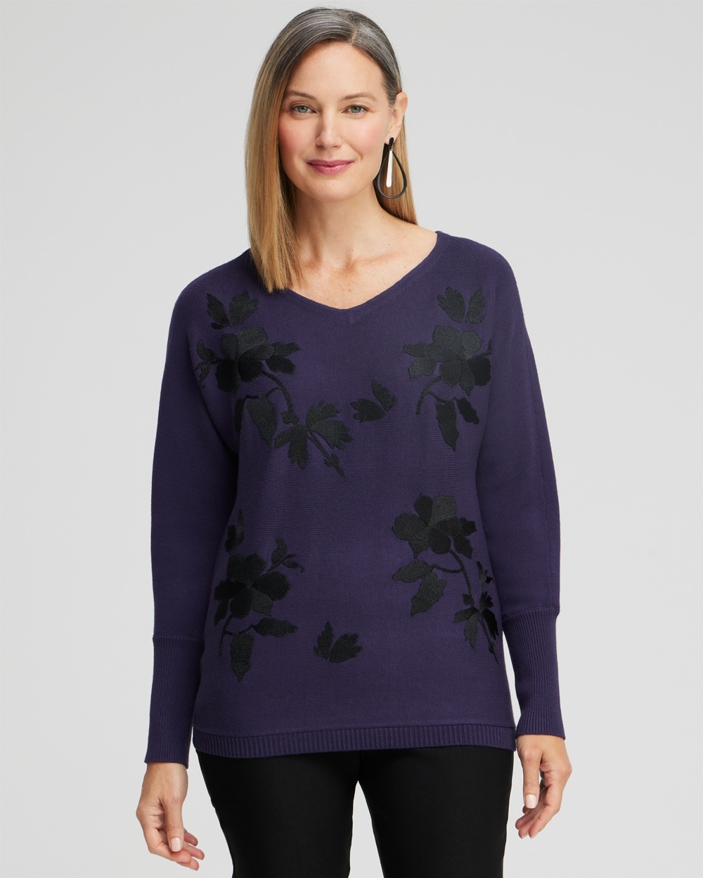 Chico's Sweaters | Floral Embroidered Pullover Sweater Dewberry