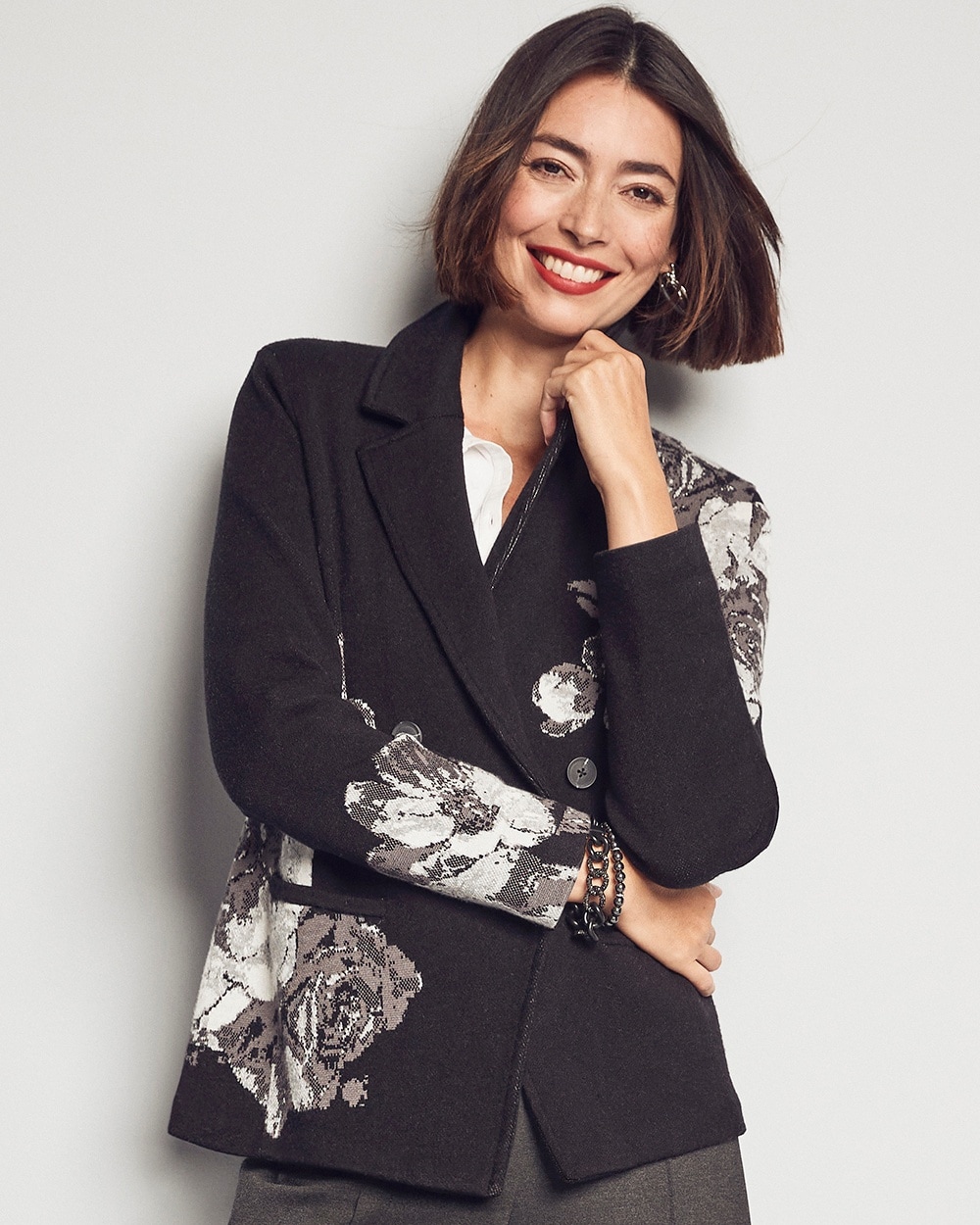 Chico's Sweaters | Floral Jacquard Jacket Black