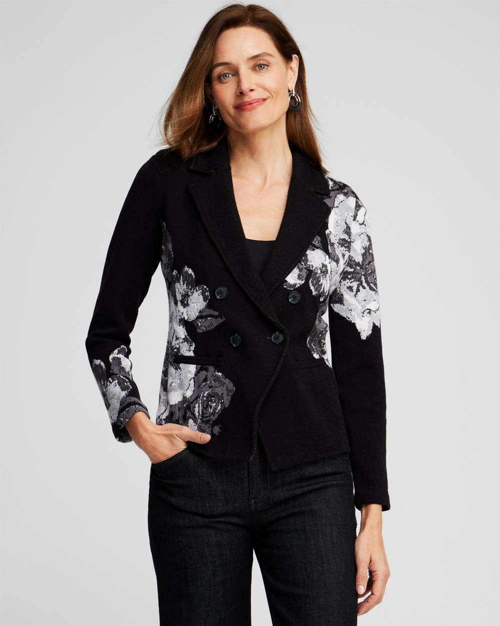 Chico's Sweaters | Floral Jacquard Jacket Black