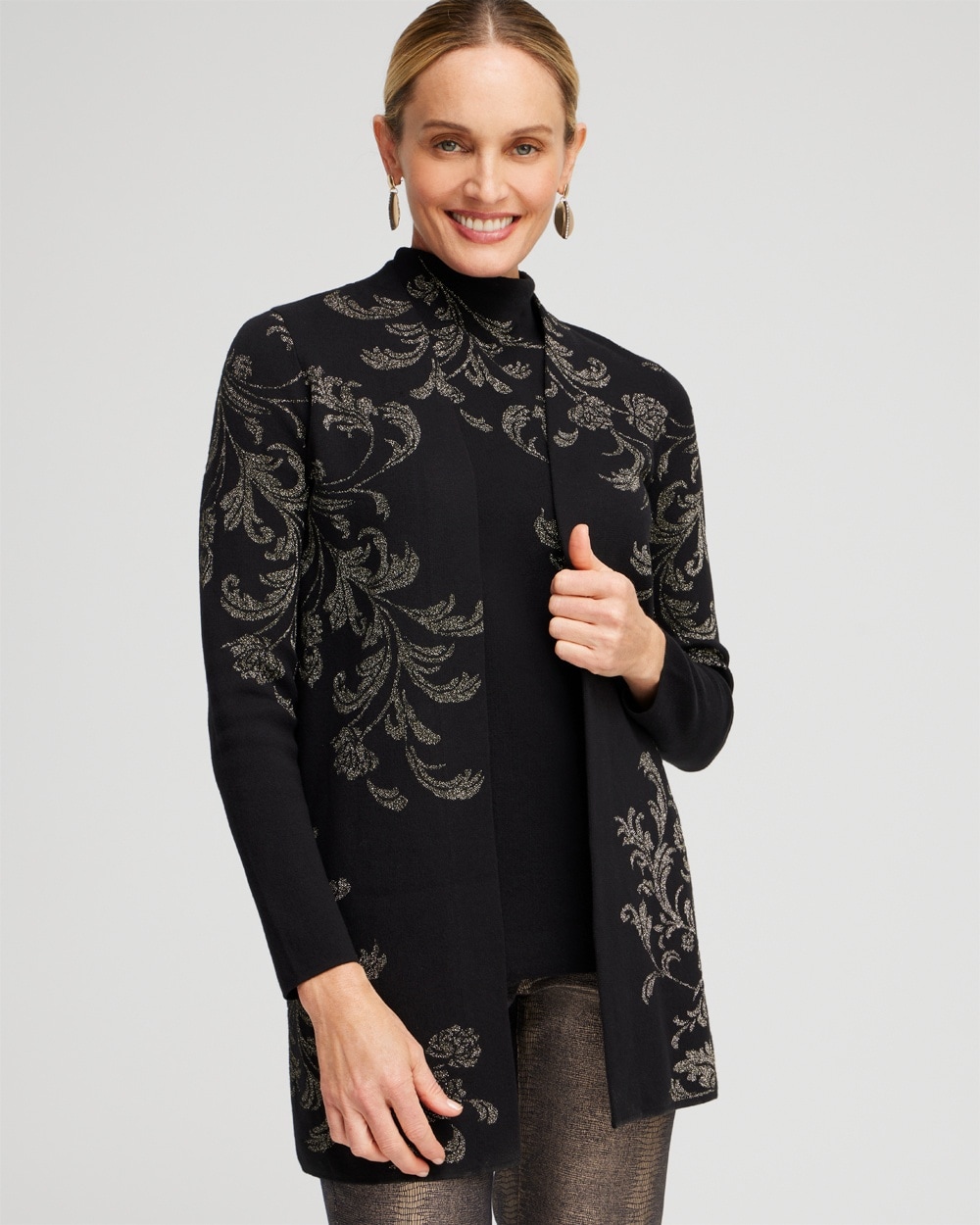 Chico's Sweaters | Lurex Scroll Print Cardigan Black