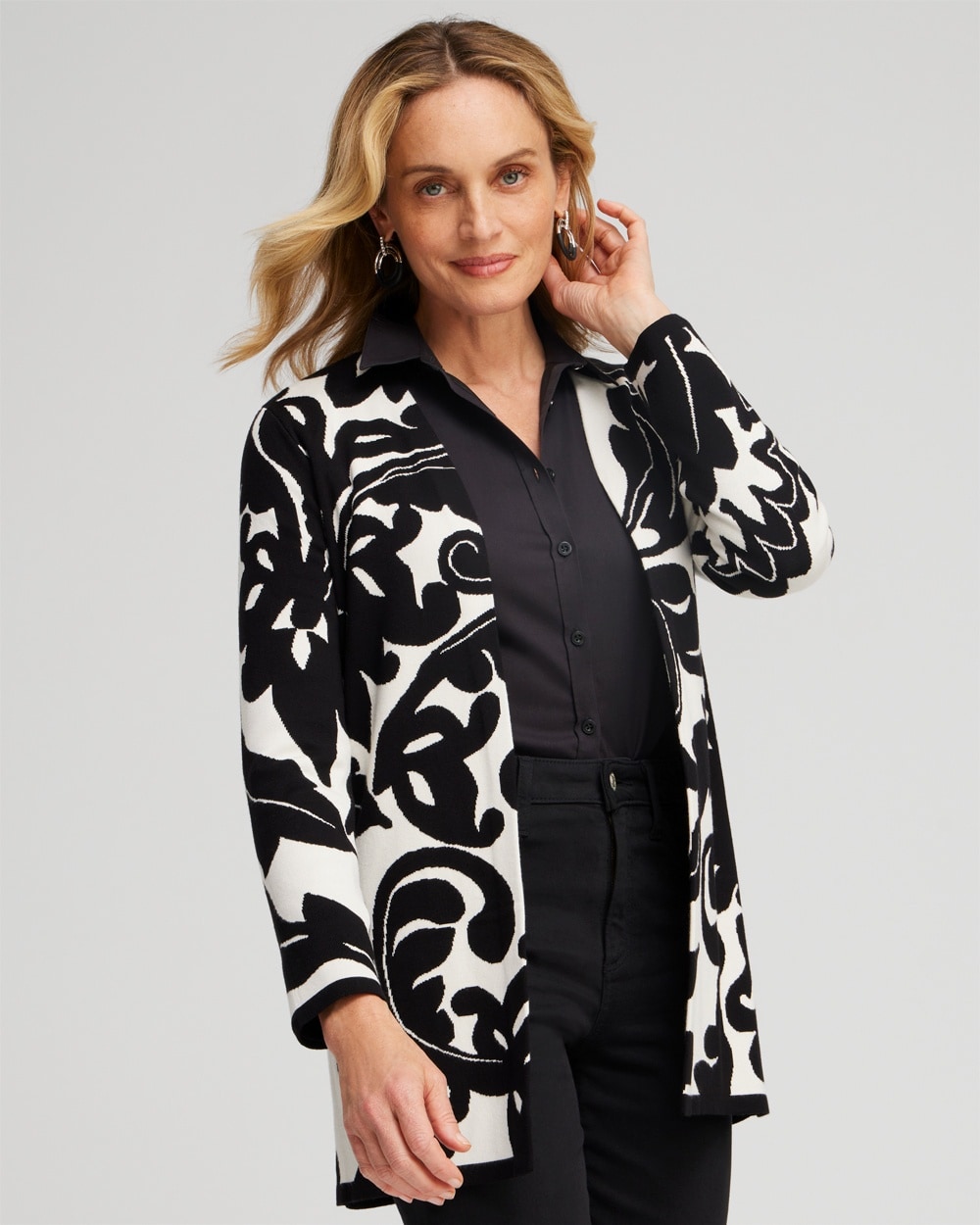 Chico's Sweaters | Double Knit Scroll Print Cardigan Black