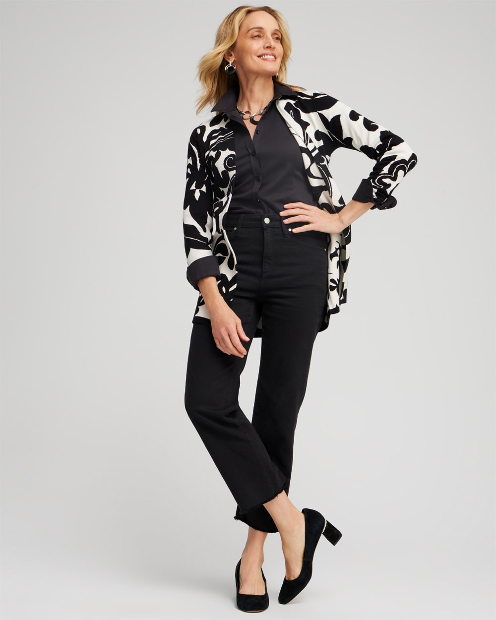 Chico's Sweaters | Double Knit Scroll Print Cardigan Black