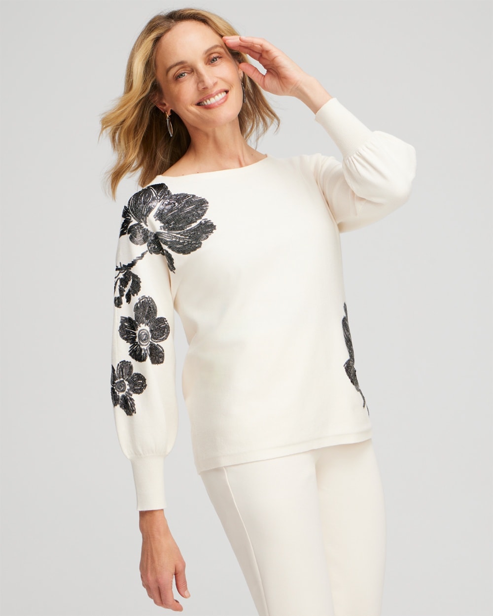 Chico's Sweaters | Sequin Floral Pullover Sweater English Cream