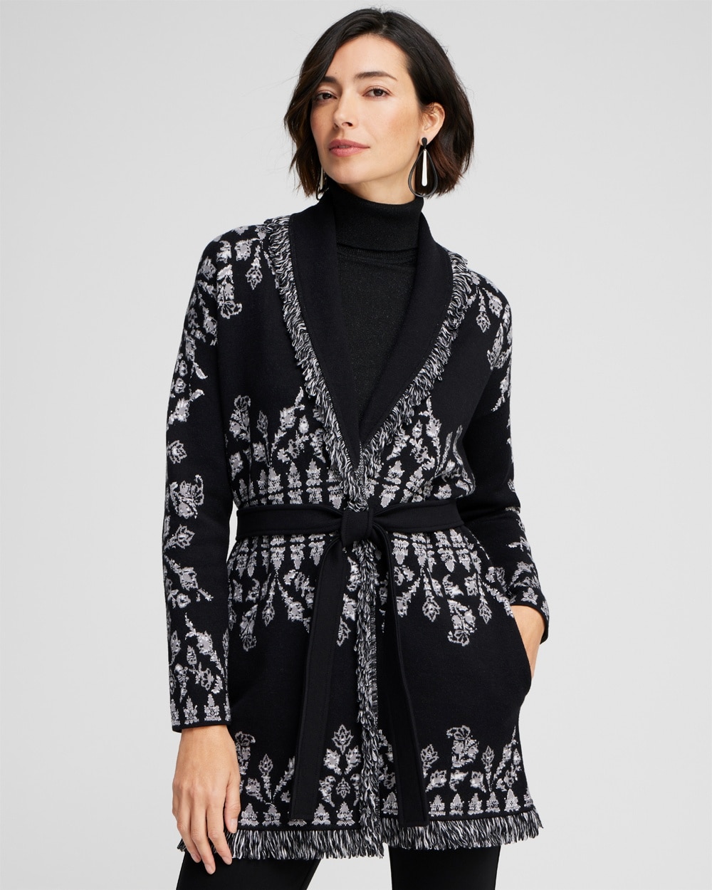 Chico's Sweaters | Medallion Print Shawl Cardigan Black