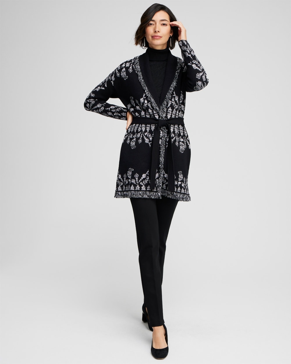 Chico's Sweaters | Medallion Print Shawl Cardigan Black