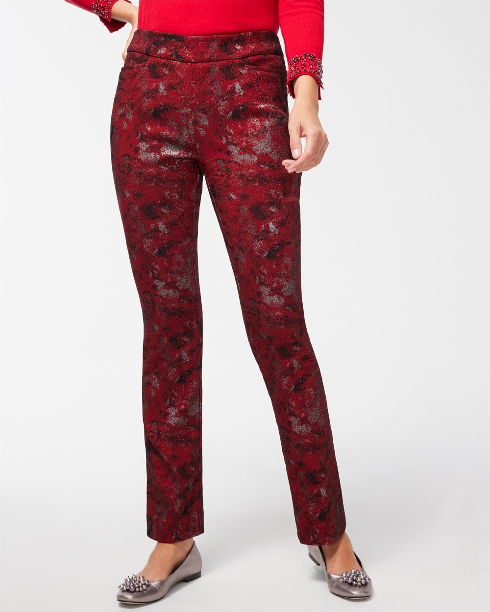 Chico's Pants | Brigitte Lurex Jacquard Pants Red