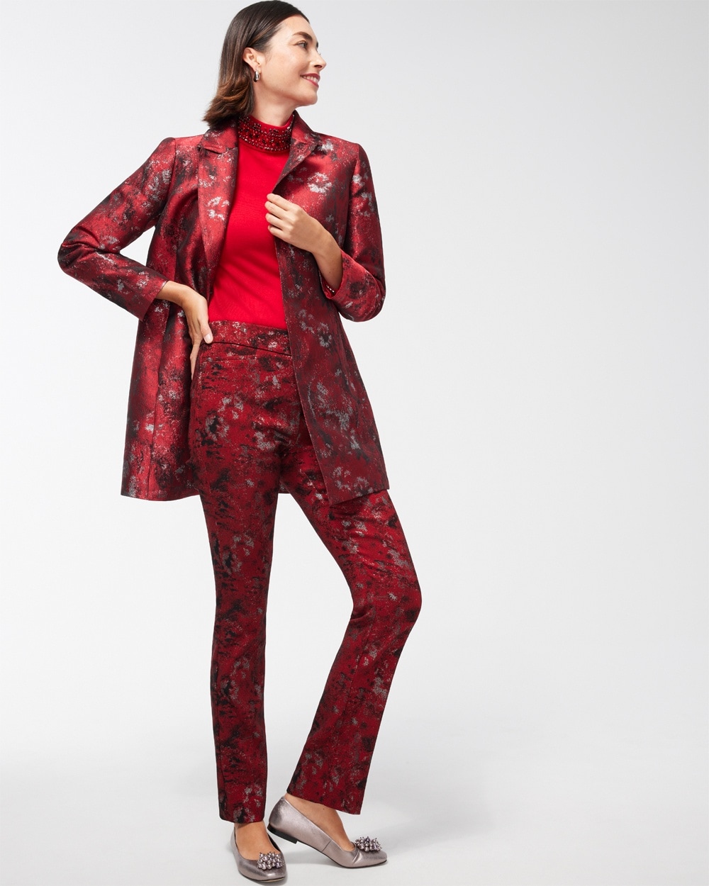 Chico's Pants | Brigitte Lurex Jacquard Pants Red