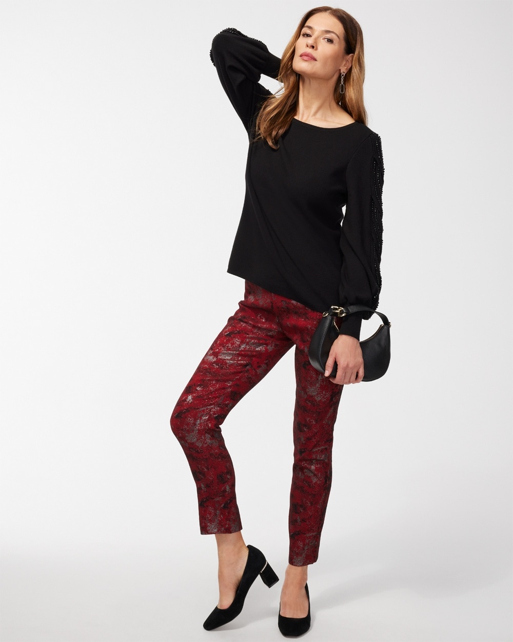 Chico's Pants | Brigitte Lurex Jacquard Ankle Pants Red