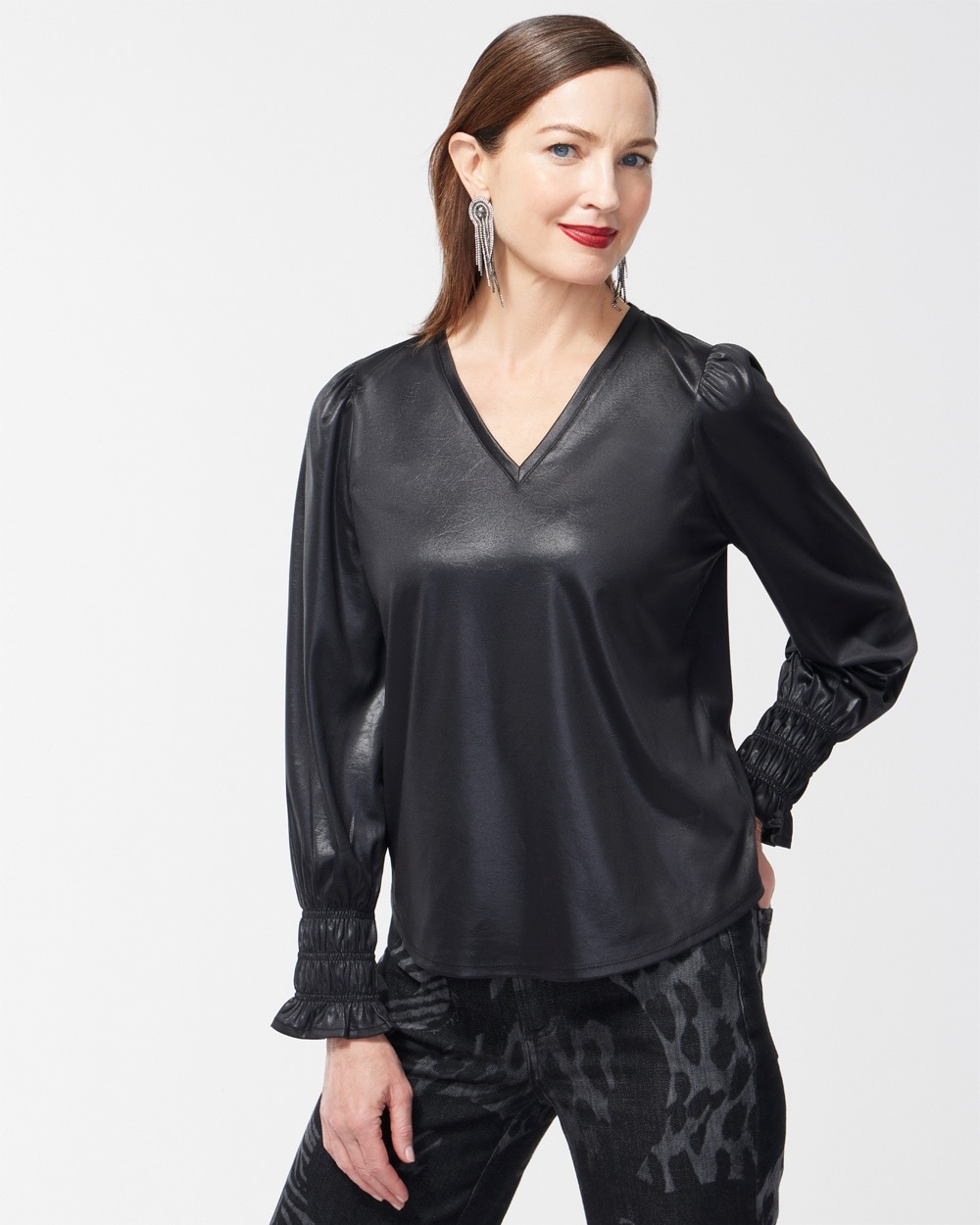 Chico's Best Sellers | Faux Leather Shirred Sleeve Top Black