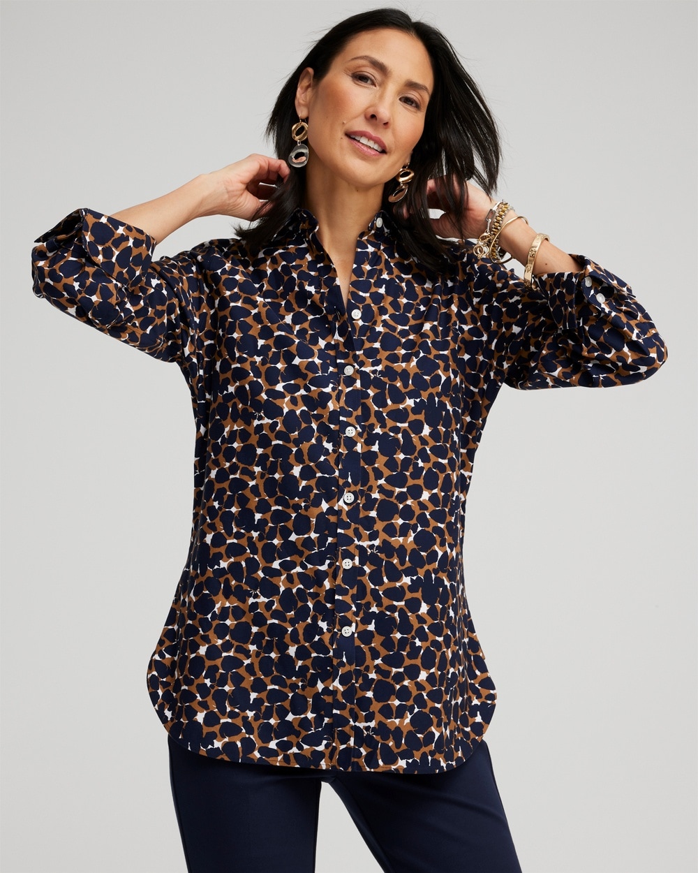 Chico's Tops | No Iron™ 3/4 Sleeve Mosaic Print Shirt Classic Navy