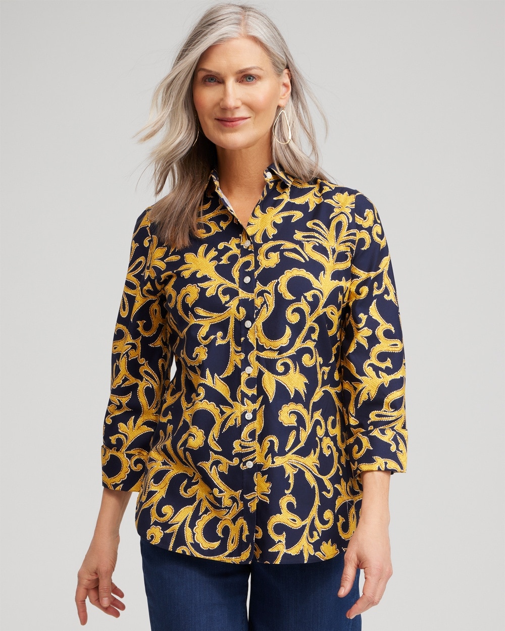 Chico's Tops | No Iron™ 3/4 Sleeve Filigree Print Shirt Classic Navy