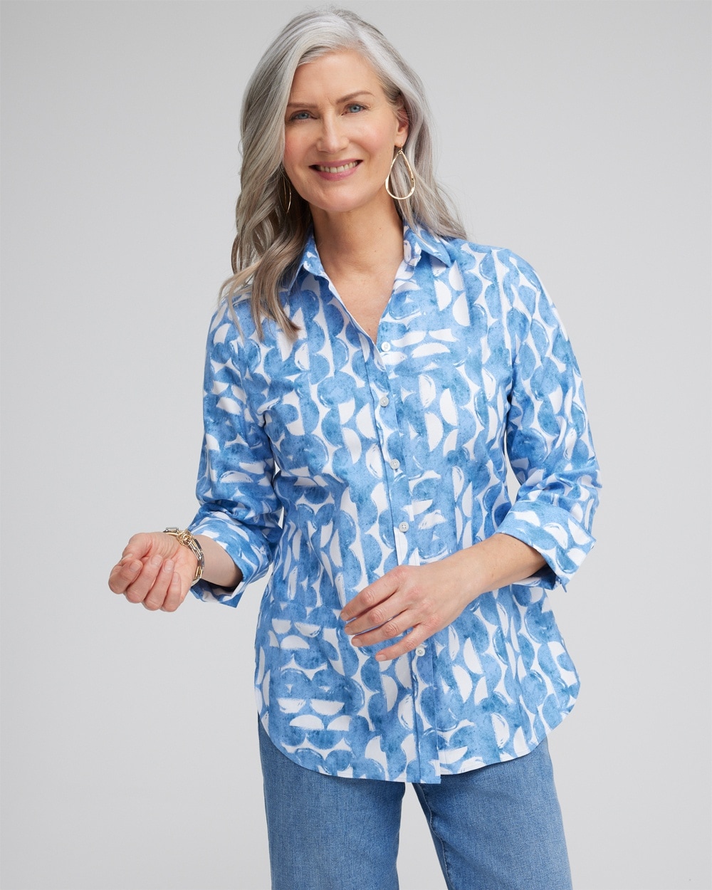 Chico's Tops | No Iron™ 3/4 Sleeve Half Moon Shirt Azores Blue