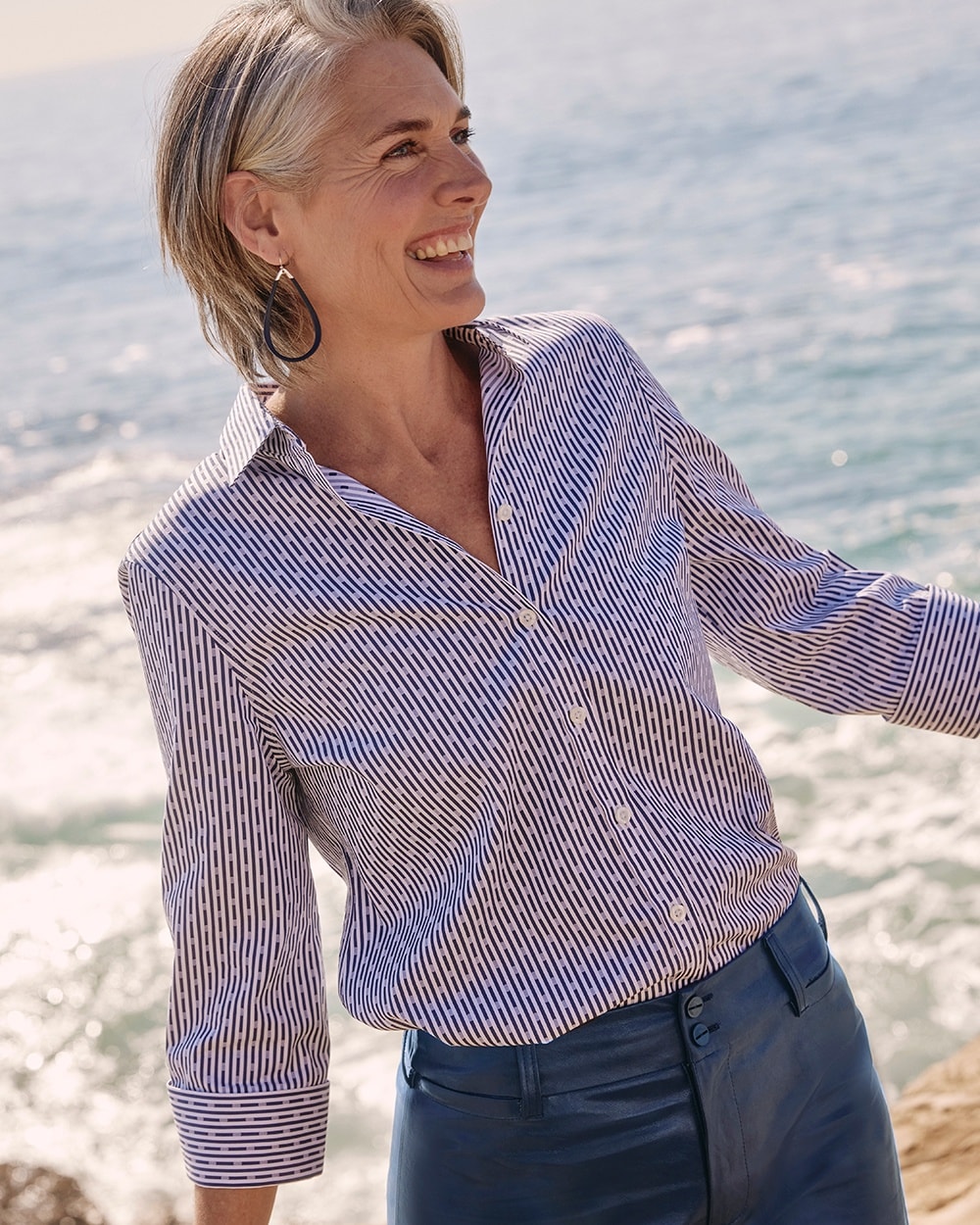 Chico's Tops | No Iron™ Stretch Dot Stripe Shirt Azores Blue