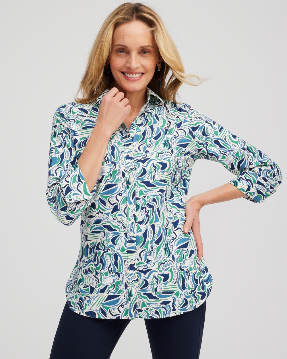 Chico's Tops | No Iron™ 3/4 Sleeve Abstract Print Shirt Twisted Ivy