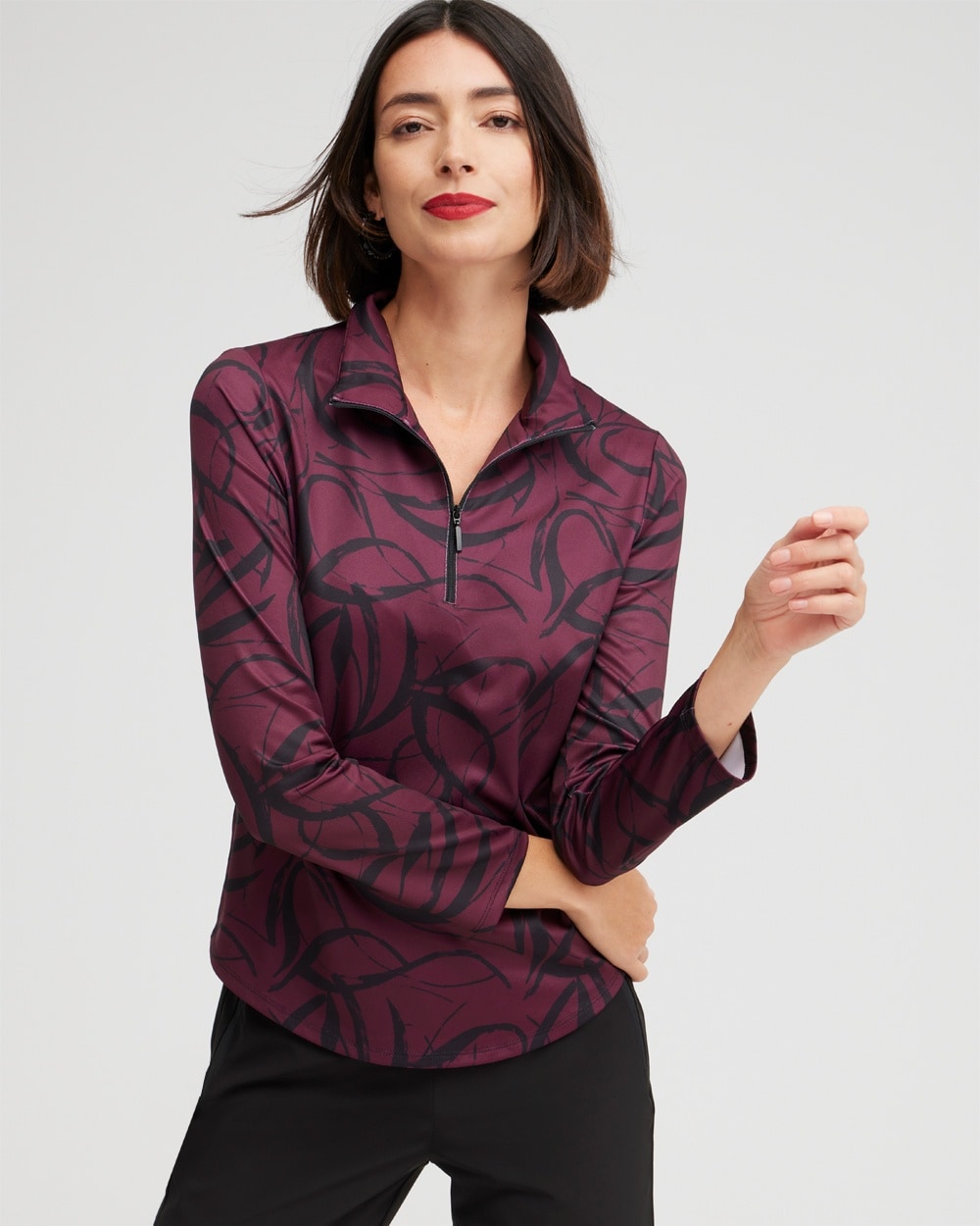 Chico's Shop Now | Zenergy UPF Ribbon Print Long Sleeve Top Deep Merlot