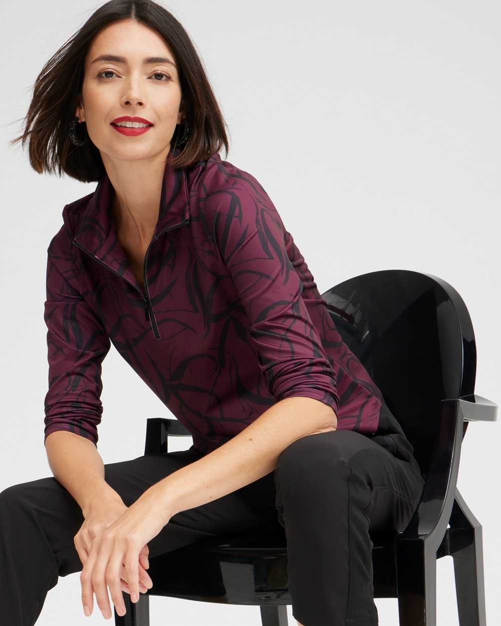 Chico's Shop Now | Zenergy UPF Ribbon Print Long Sleeve Top Deep Merlot