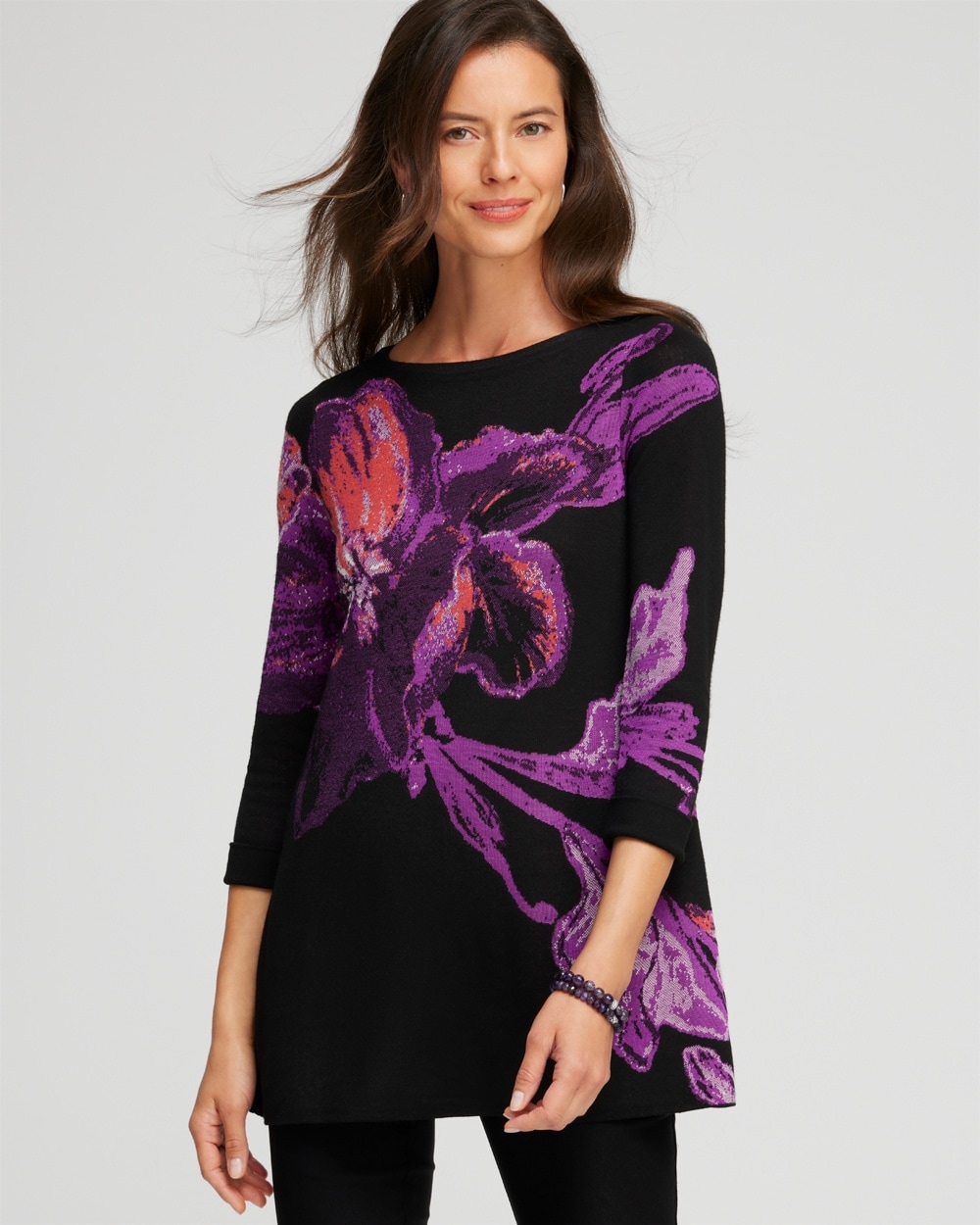 Chico's Sweaters | Floral Roll Cuff Tunic Sweater Black