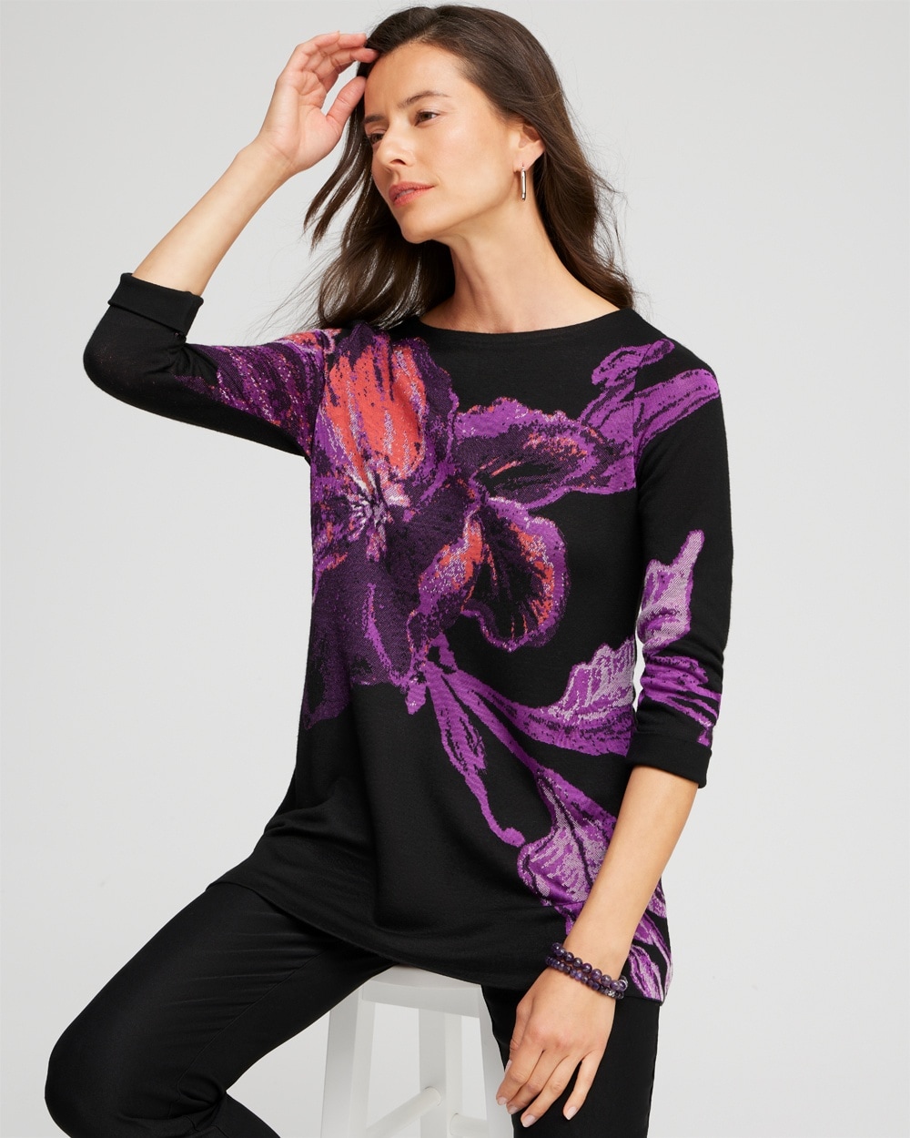 Chico's Sweaters | Floral Roll Cuff Tunic Sweater Black