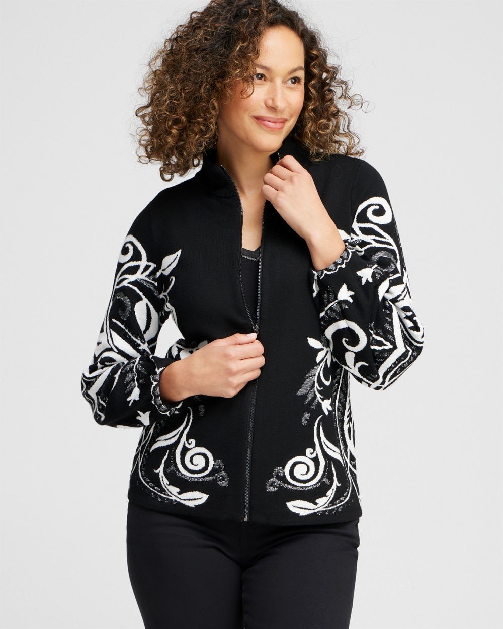 Chico's Sweaters | Floral Jacquard Cardigan Black