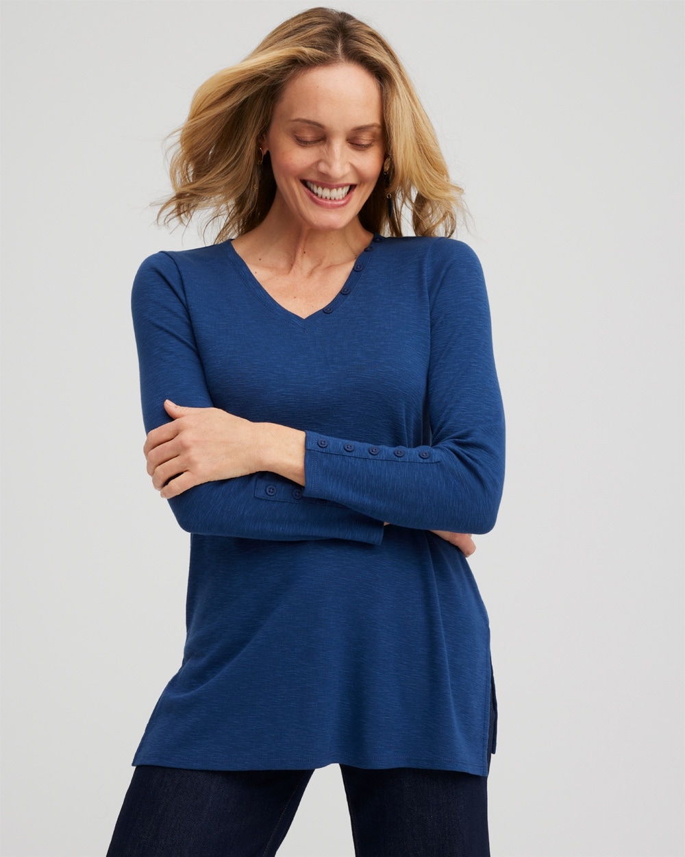 Chico's Tops | Button Detail V-neck Tunic Azores Blue