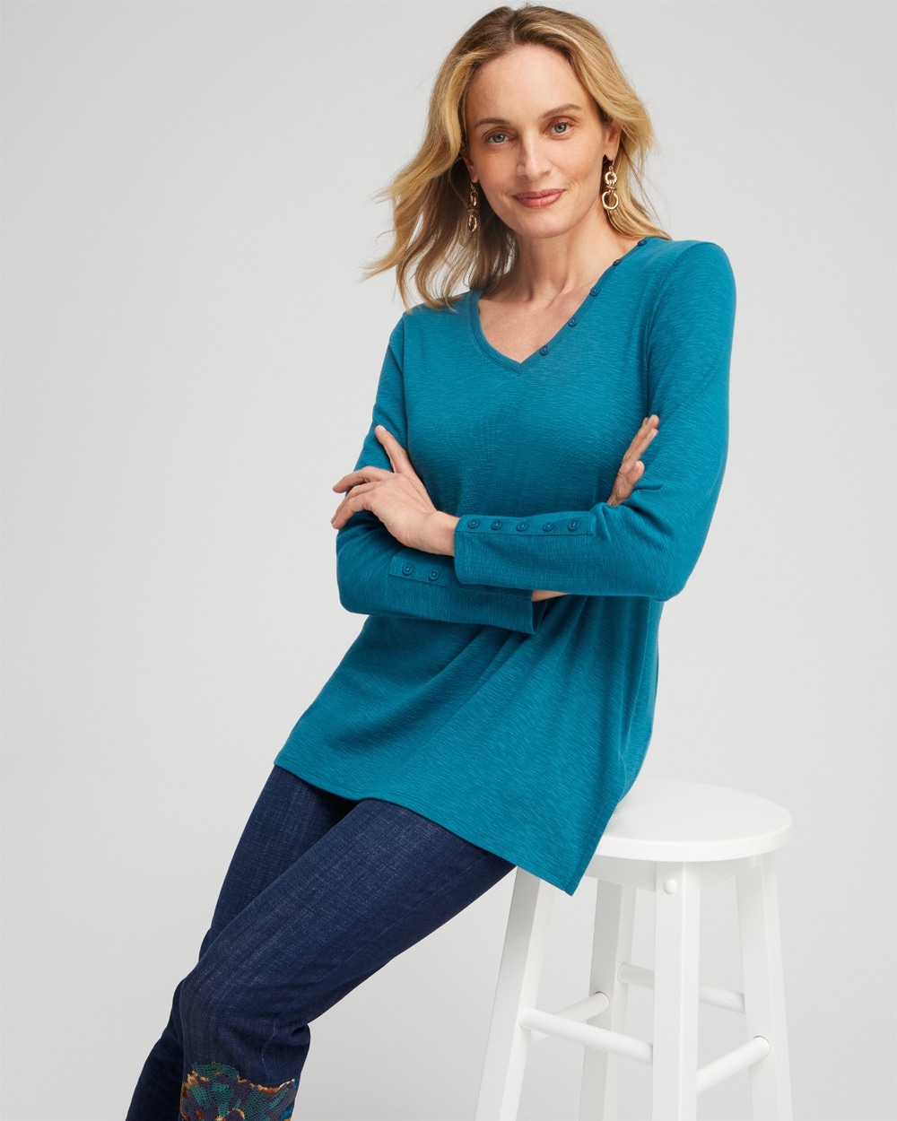 Chico's Tops | Button Detail V-neck Tunic Azores Blue