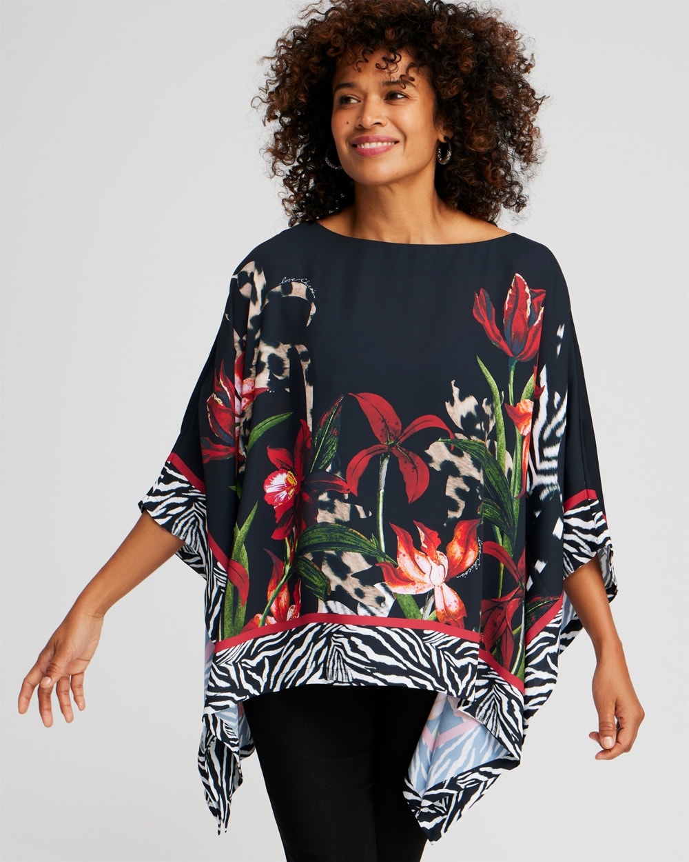 Chico's Scarves | Mixed Floral Animal Print Poncho Black/Red