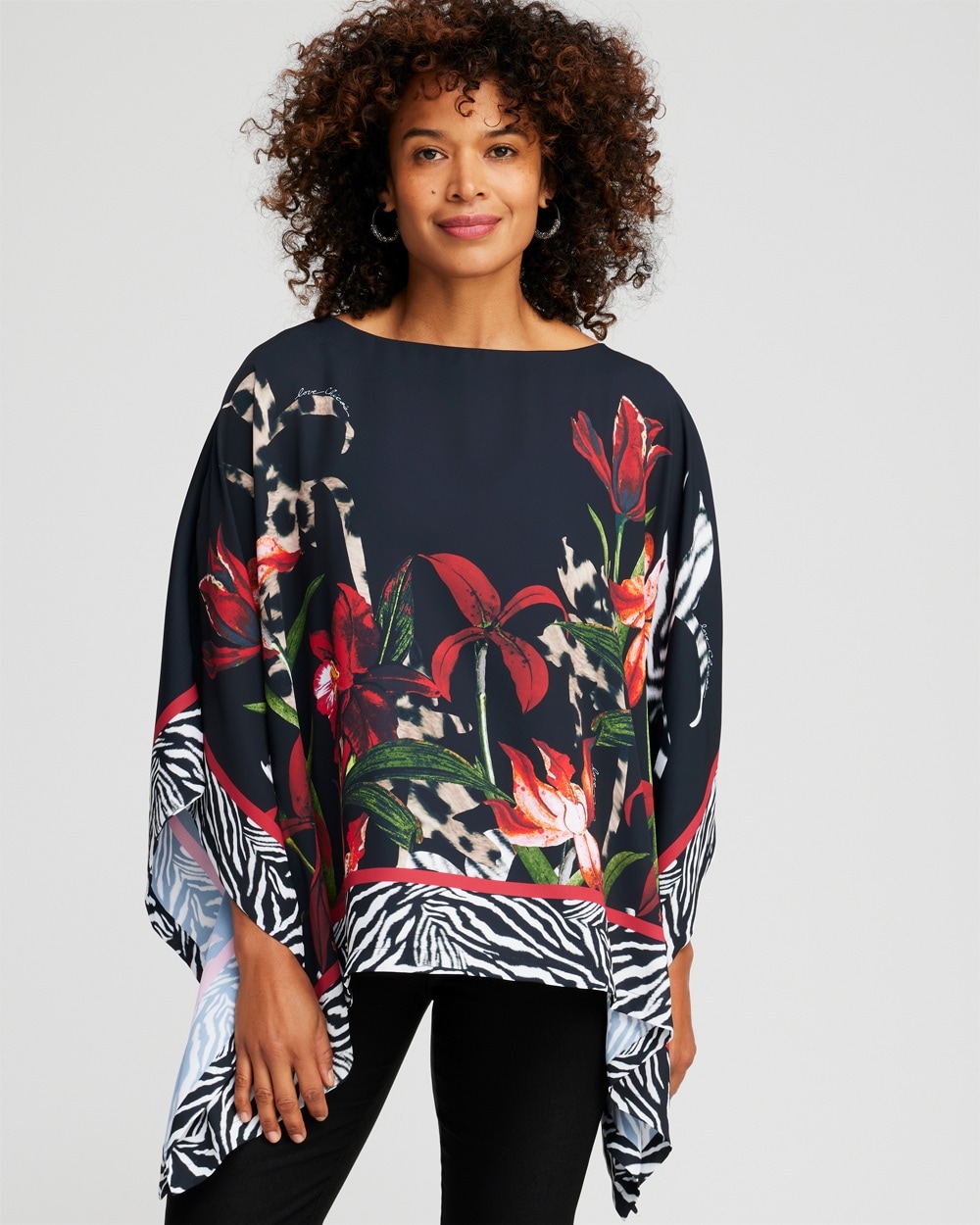 Chico's Scarves | Mixed Floral Animal Print Poncho Black/Red