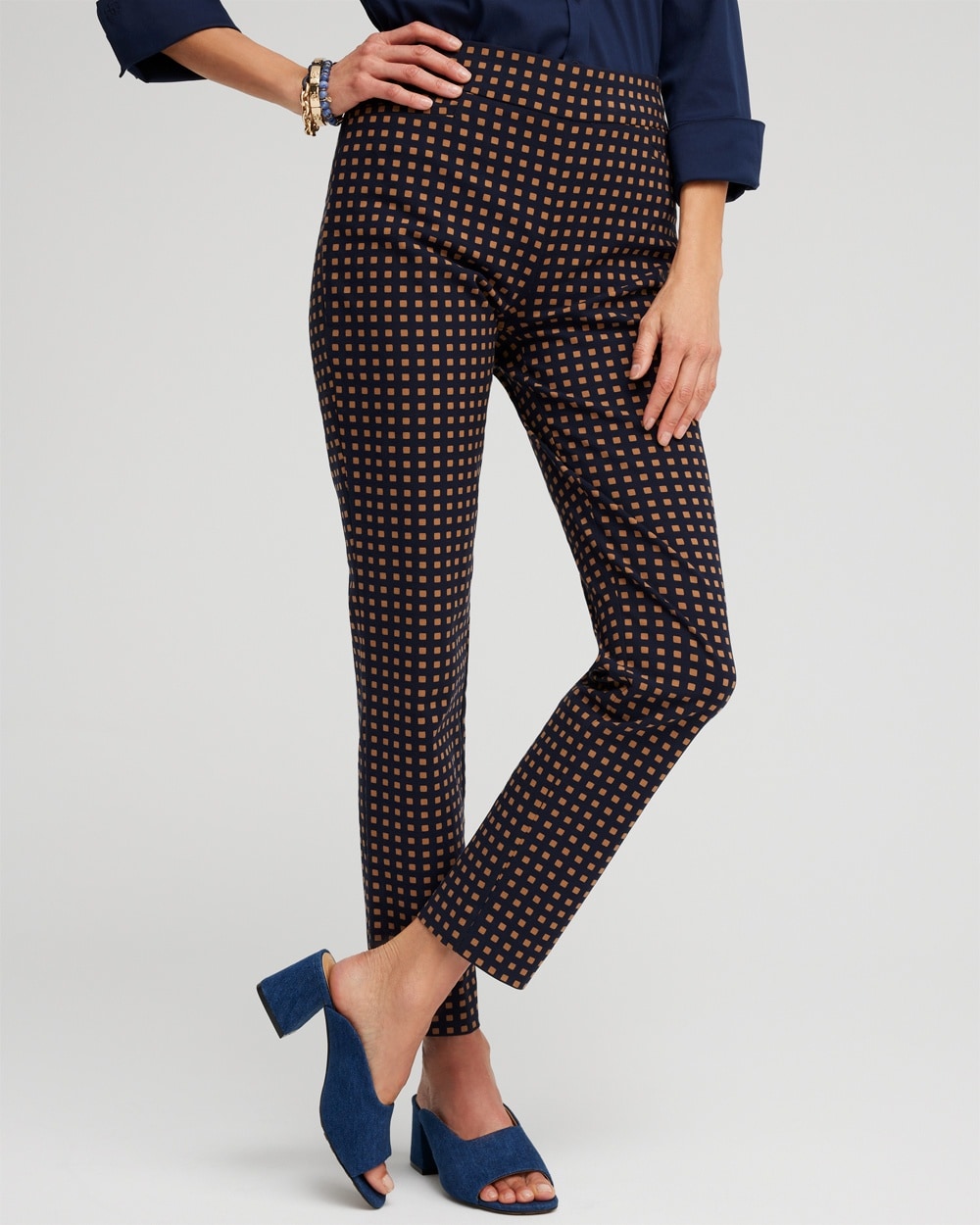 Chico's Pants | Brigitte Square Dot Ankle Pants Classic Navy/Briar Brown