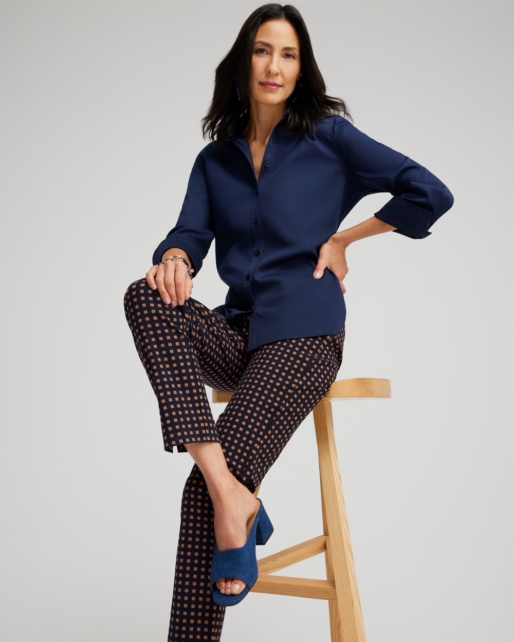 Chico's Pants | Brigitte Square Dot Ankle Pants Classic Navy/Briar Brown