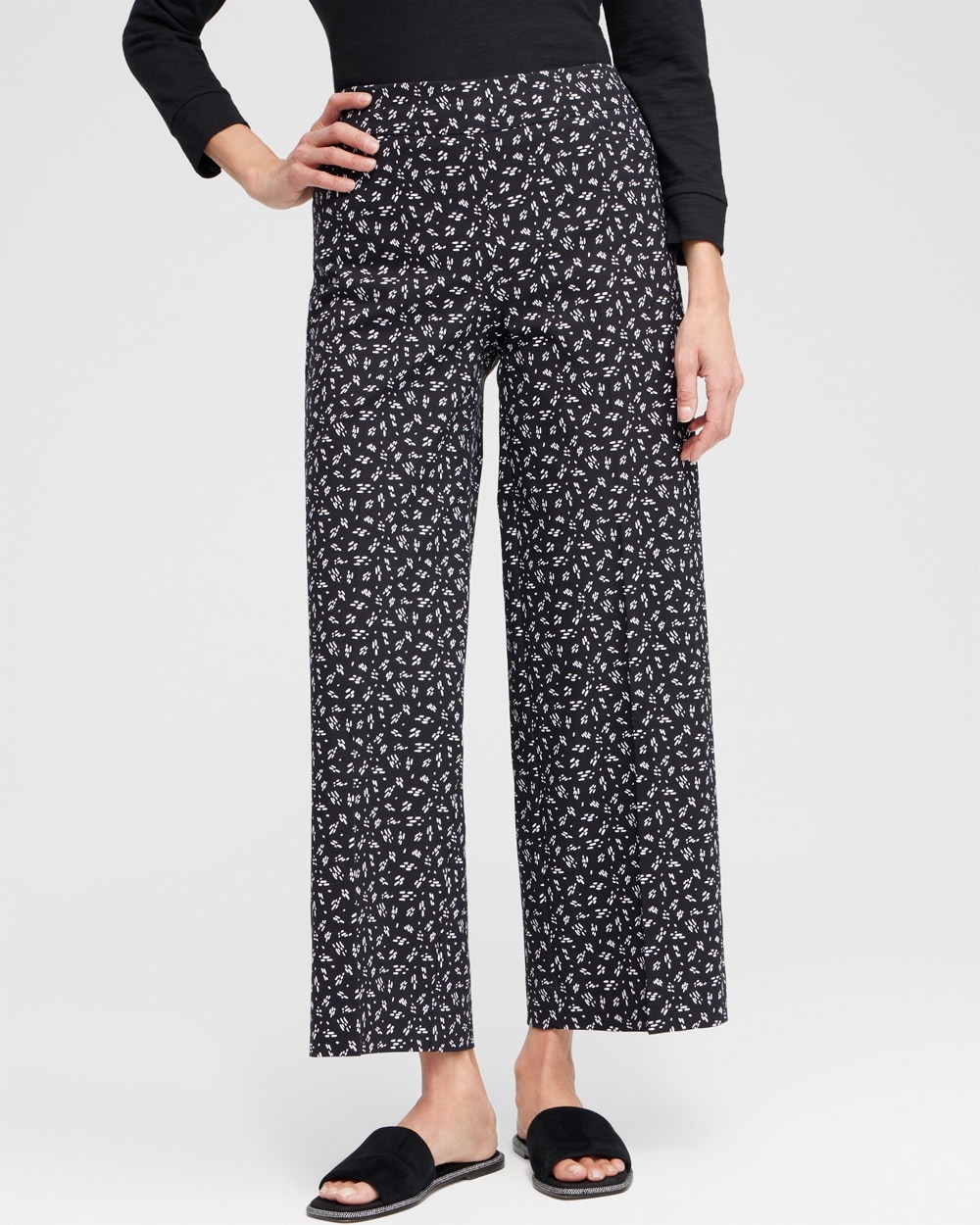 Chico's Pants | Brigitte Line Print Wide Leg Crops Black/Alabaster