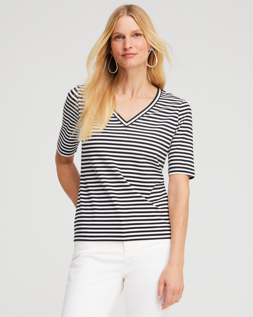 Chico's Tops | Stripe Perfect Elbow Sleeve Tee Alabaster