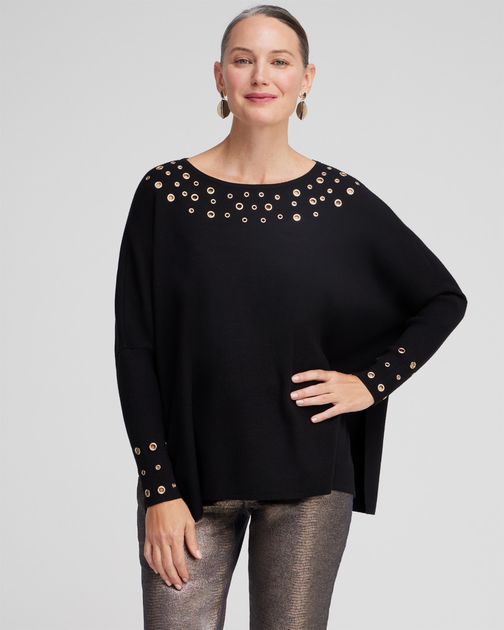 Chico's Tops | Grommet Detail Sweater Poncho Black