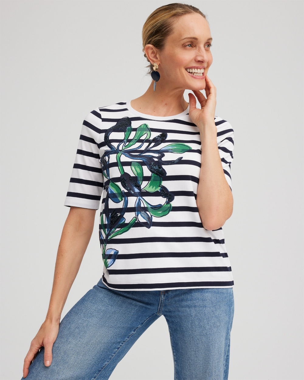 Chico's Tops | Embellished Stripe Tee Twisted Ivy