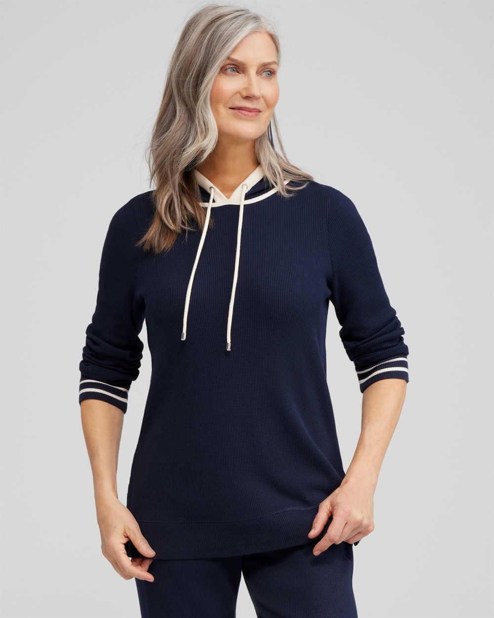 Chico's Tops | Zenergy® Waffle Knit Hooded Tunic Classic Navy