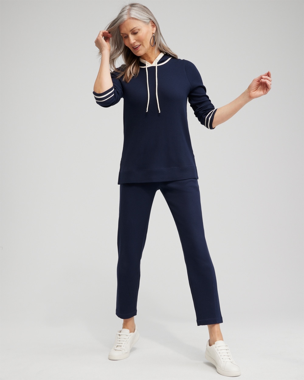 Chico's Tops | Zenergy® Waffle Knit Hooded Tunic Classic Navy