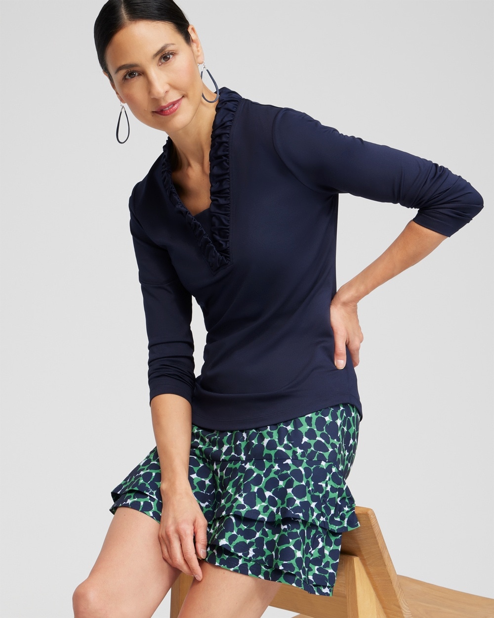 Chico's Tops | Zenergy® UPF Ruffle Collar Shirt Classic Navy