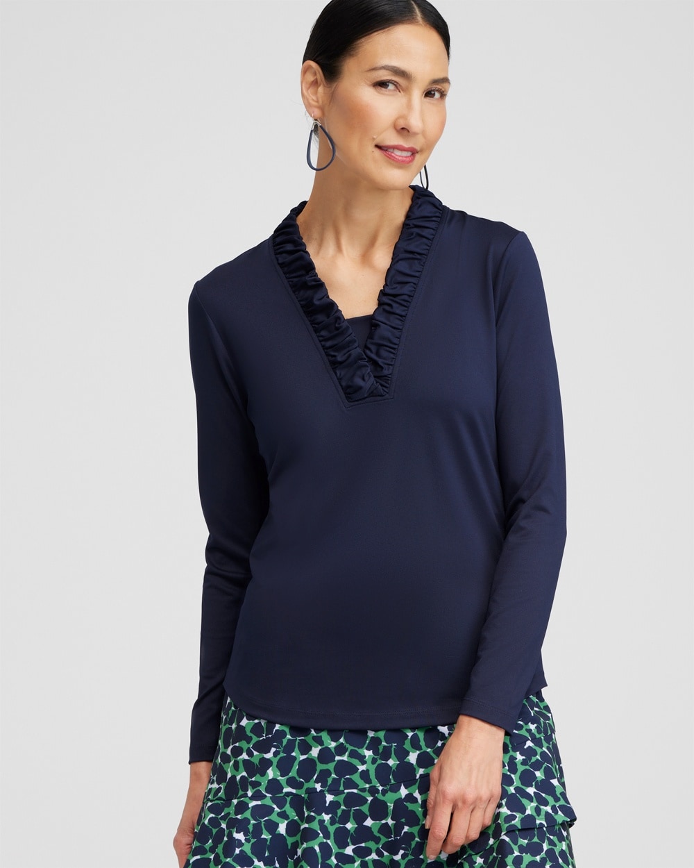 Chico's Tops | Zenergy® UPF Ruffle Collar Shirt Classic Navy