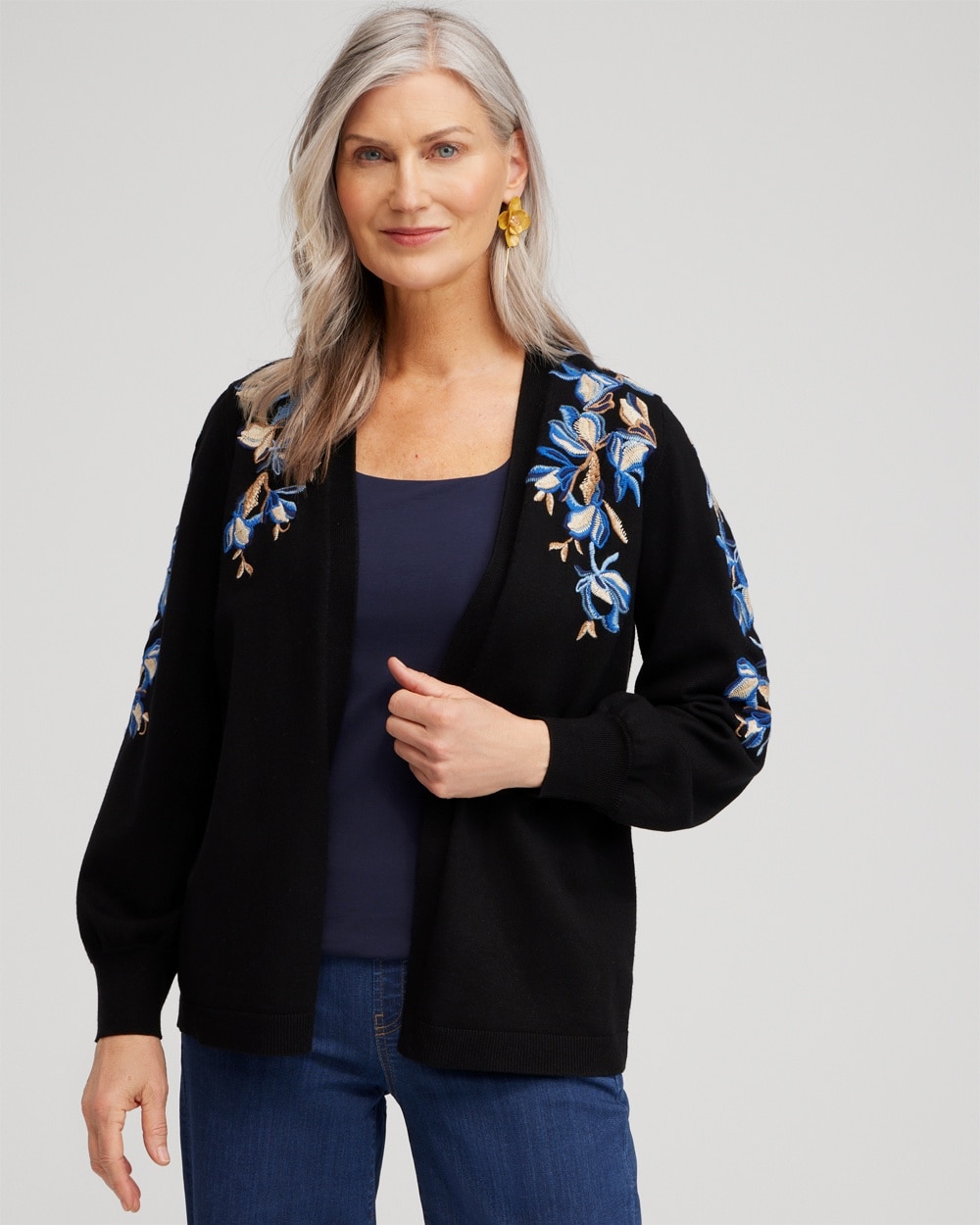 Chico's Sweaters | Floral Embroidered Cardigan Black