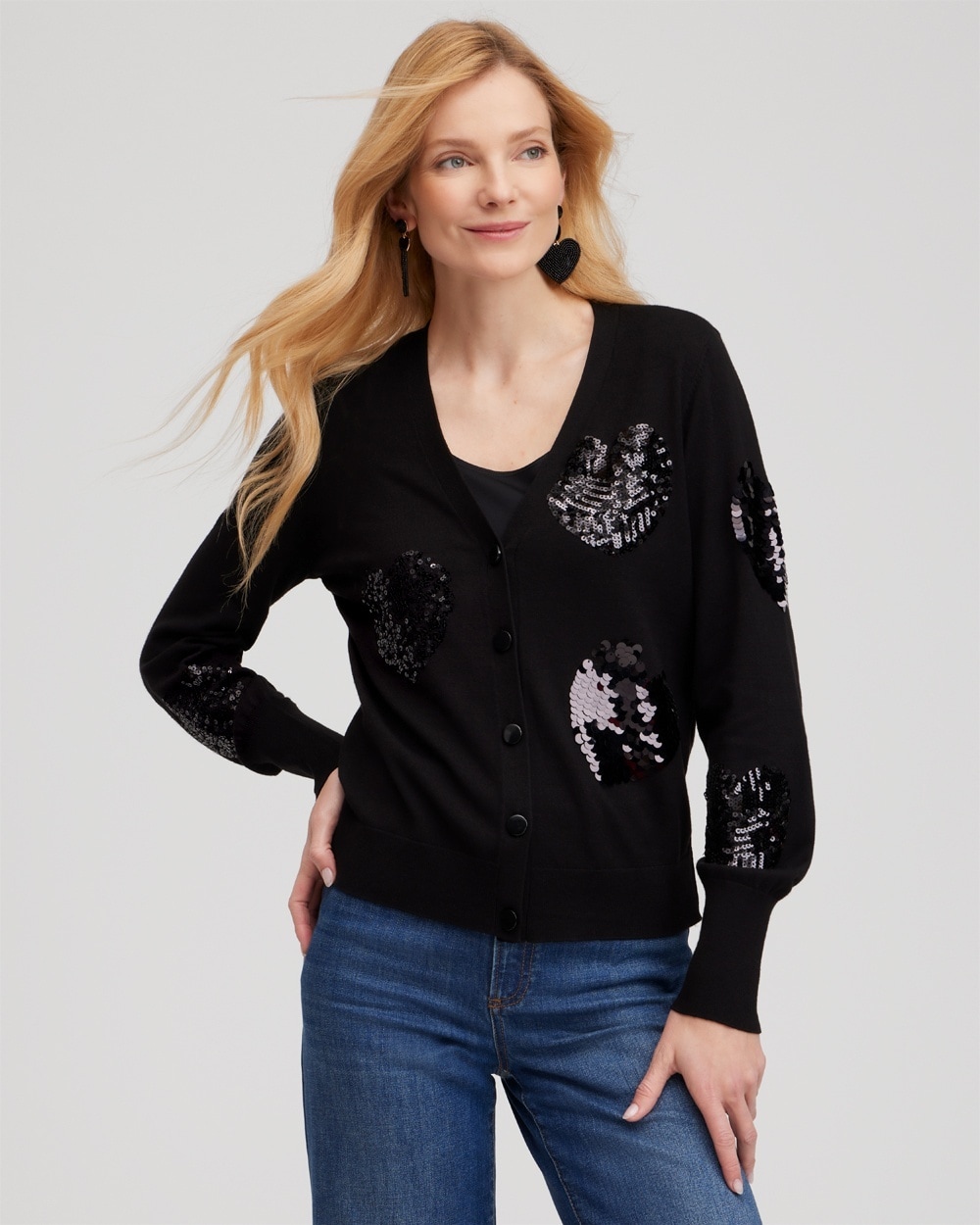 Chico's Sweaters | Sequin Hearts Cardigan Black