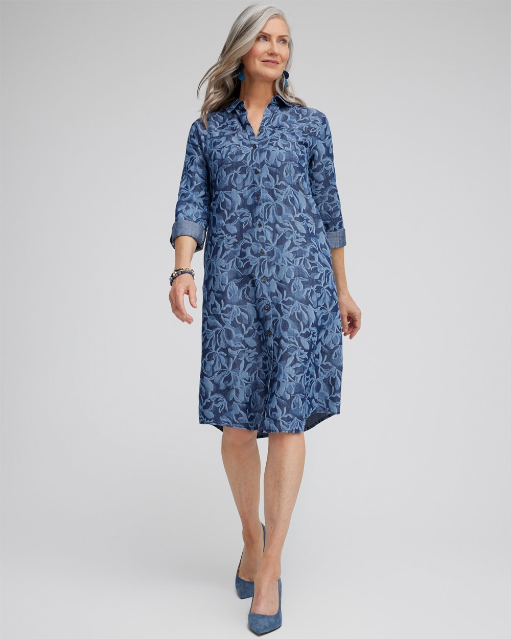 Chico's Dresses & Skirts | Roll Tab Shirt Dress Blue Echo