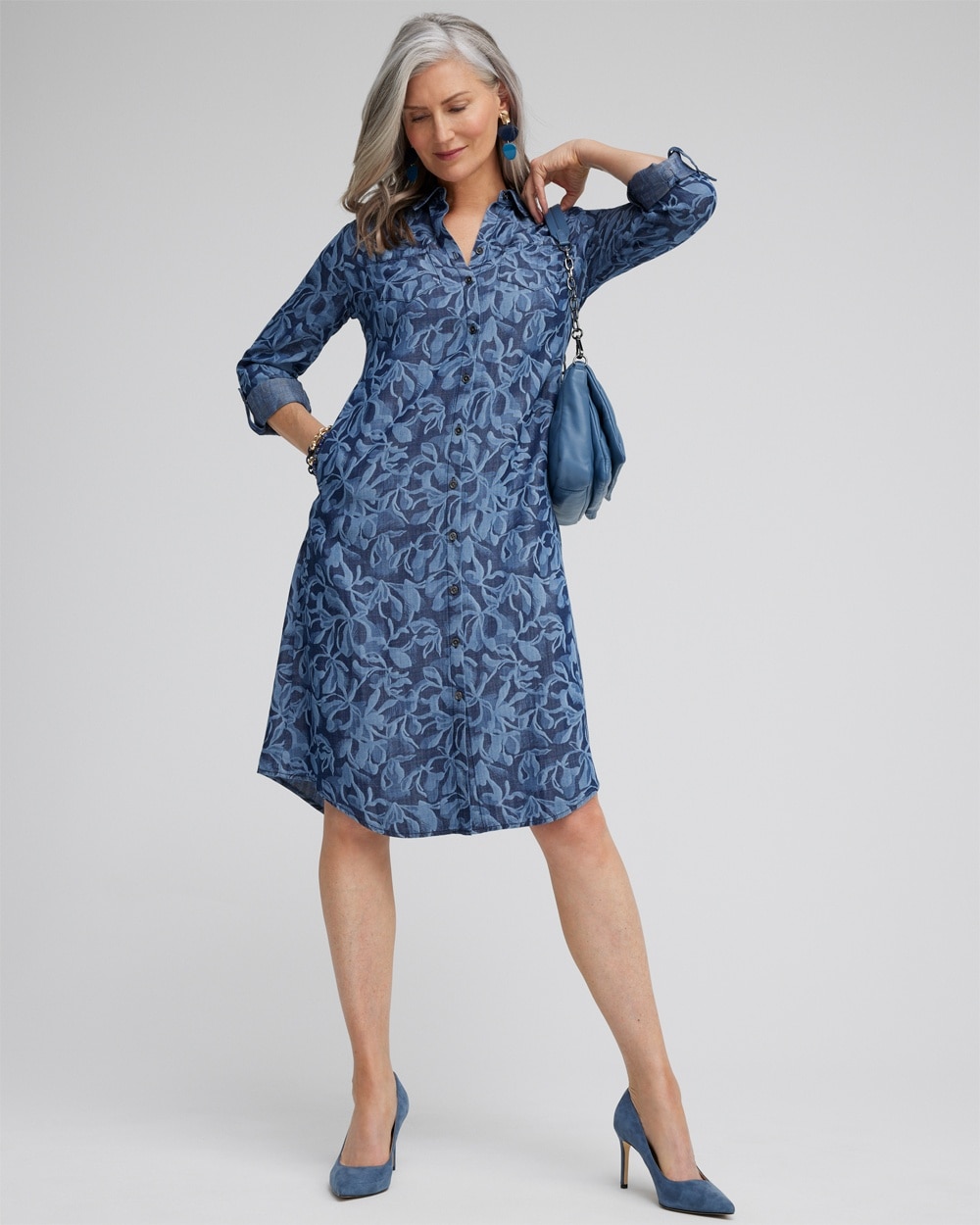 Chico's Dresses & Skirts | Roll Tab Shirt Dress Blue Echo