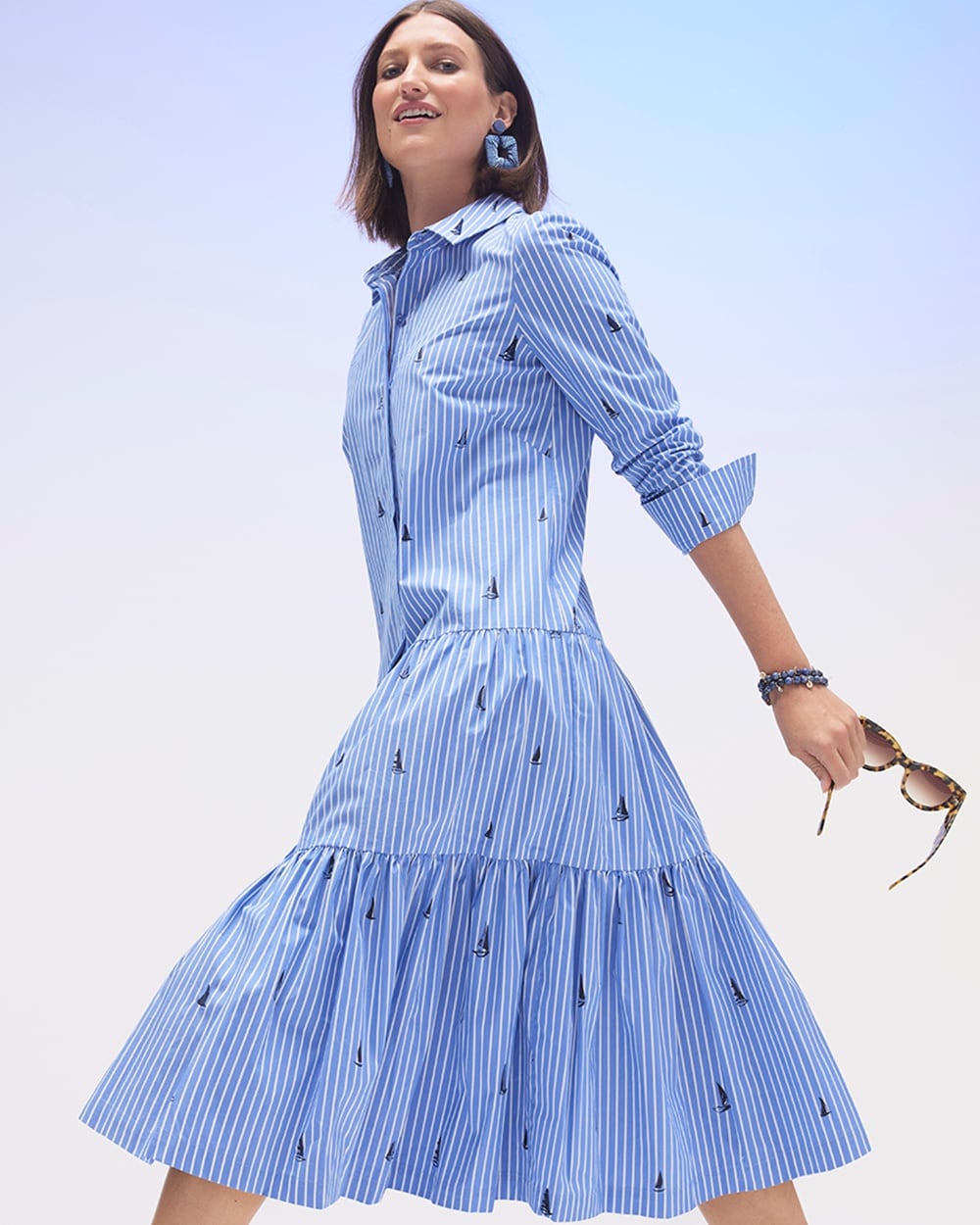 Chico's Dresses & Skirts | Poplin Tiered Stripe Shirt Dress Wisteria Blue