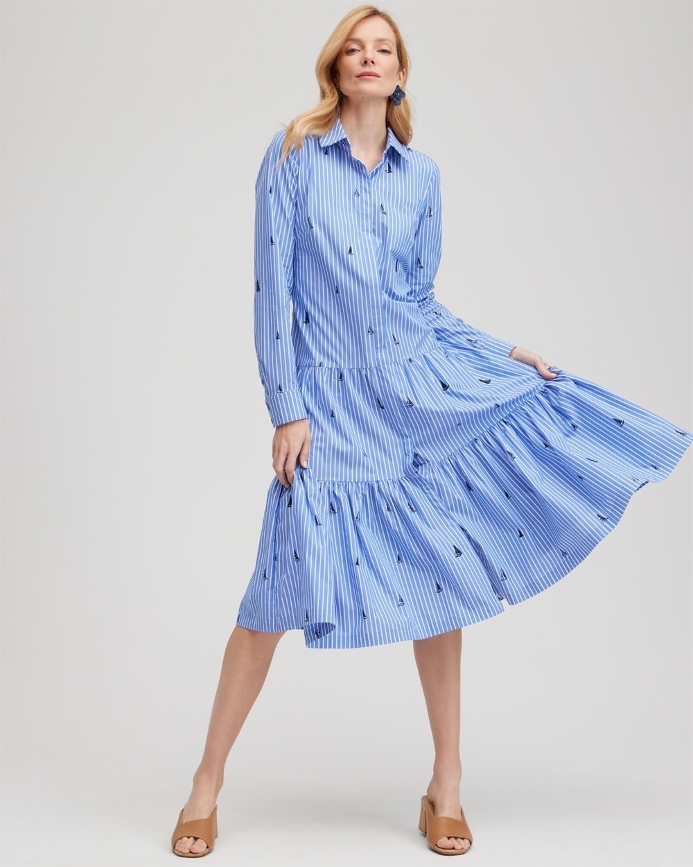 Chico's Dresses & Skirts | Poplin Tiered Stripe Shirt Dress Wisteria Blue